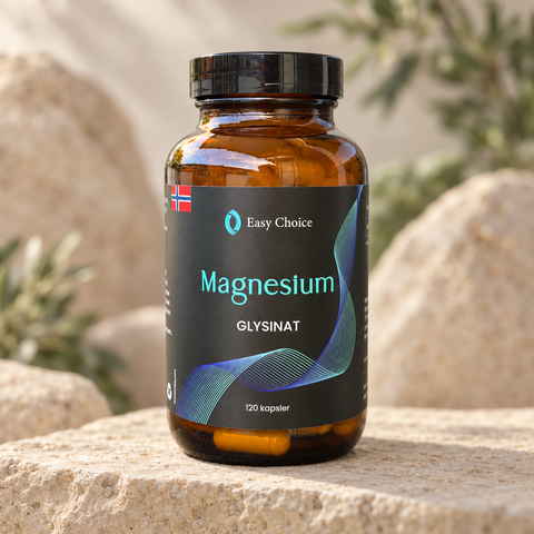 Easychoice Magnesium glysinat 120 kapsler på lys naturstein med grønne omgivelser