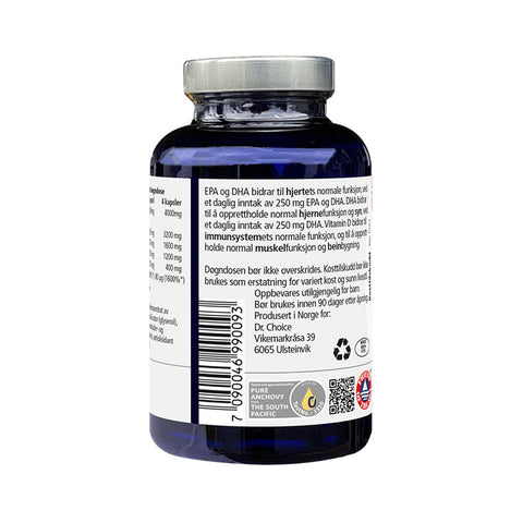 Etikett med produktinformasjon for Easychoice Omega-3 Premium 80 %