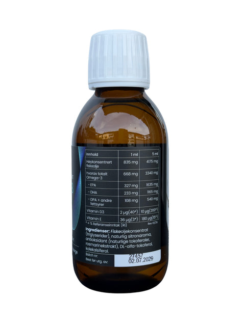 Easychoice Omega-3 flytende original 60% med vitamin D3 og E næringsinnhold