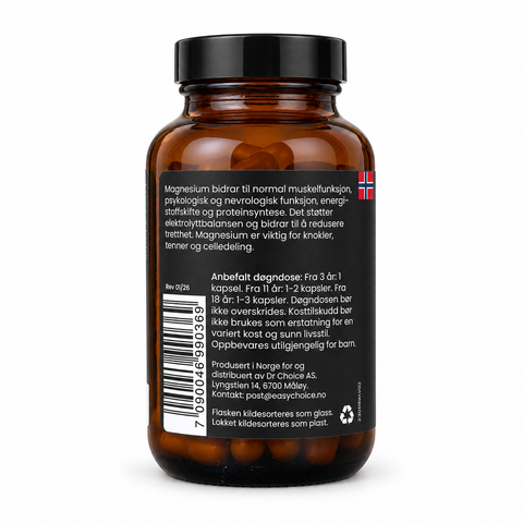 Easychoice Magnesium glysinat – flaskens bakside med anbefalt døgndose og produktinformasjon
