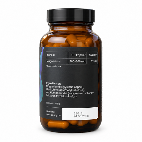 Magnesium glysinat fra Easychoice – etikett med magnesiuminnhold og ingredienser på hvit bakgrunn